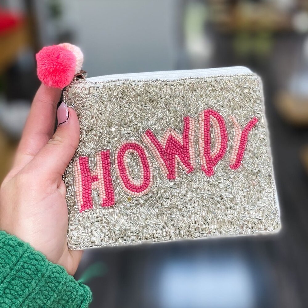 Howdy Western Cowgirl Silver Sparkle Beaded Pouch Wallet Bag Pink NEW Gift NWT - Picture 1 of 6